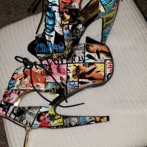Multi color newspaper📰 high heel shoes
